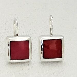 Silpada Sterling Silver Square Red Stone French Wire Earrings AW436